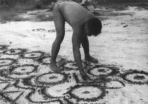 Fig. 3: A Tukano shaman (Barasana group) draws entoptic shapes in the sand after a visionary experience, (Reichel-Dolmatoff, Fig 30).