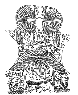 The winged scarab Khepri moves the sun which is protected by two cobra snakes (uraei)