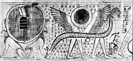 A Snake with legs and wings carries the sun disk