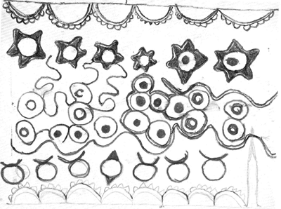 Figure 11: Muhipuâ€™s vision, interpreted as drops of semen (center) between female flowers (top) and male sun-arcs (top and bottom)