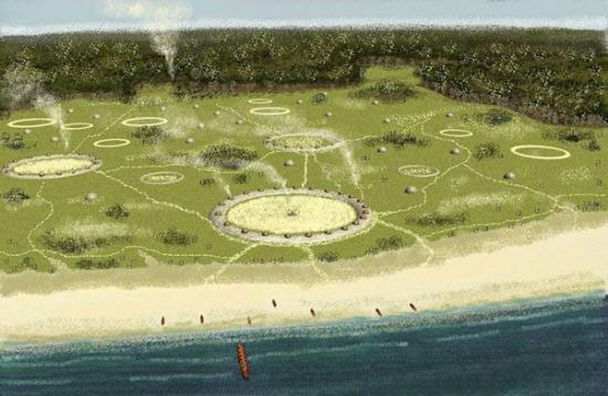 Ancient village site on Sapelo Island, according to Richard Thornton. The shell rings were up to 95 meters in diameter and 3 meters high. 