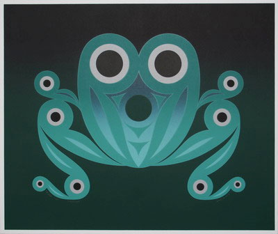Modern depiction of ovoids as eyes, mouths, and joints of a toad: â€œTadpoleâ€ by Susan Point (Coast Salish).