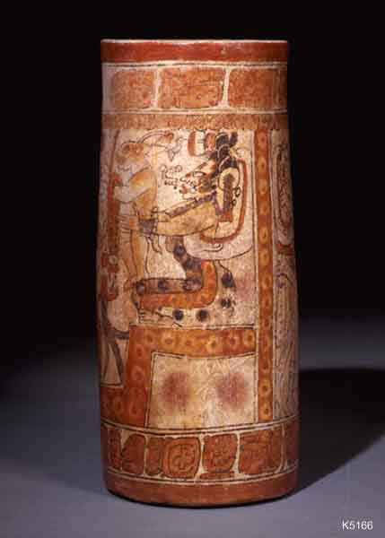 Fig. 10: The moon goddess sits on a throne that is covered with a jaguar skin. The goddess is decorated with circular earspools and jaguar spots. Detail from a Maya polychrome vase.