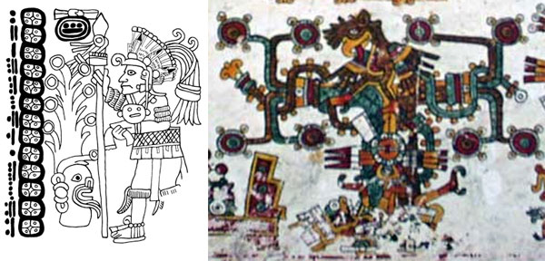 Fig. 14: Cosmic trees with concentric circles as â€œblossomsâ€. Left: A god is standing before a world tree growing out of the personified â€œdivineâ€ (kâ€™uh) (Vail 2013). Source: Codex Grolier 7. Right: The jade tree grows out of the body of the earth goddess Ciuacoatl (Anders et al. 2013).