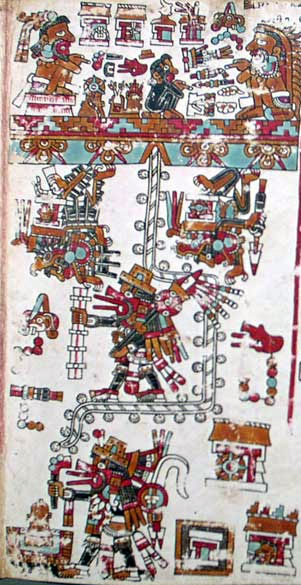 Fig. 15: The heavenly ladder: The Aztec god Quetzalcoatl descends from the sky â€œon a rope of shells and feathersâ€ (Young 2002).