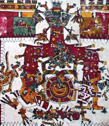 Fig. 18: Goddess Xochiquetzal (middle) is nourished by a stream of blood. A tree of jade sprouts from her concentric circular heart (cp. Gerritse 2013).