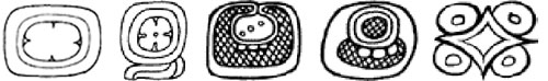 Fig. 19: Maya glyphs representing celestial bodies. From left: 1. kin (â€œday,â€ â€œsunâ€); 2. kin; 3. ja (â€œmoonâ€); 4. ja; 5. ekâ€˜ (â€œstar,â€ â€œVenusâ€).