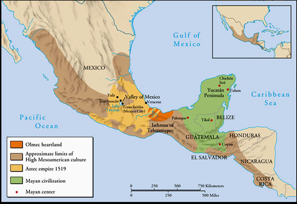 Fig. 2: The cultural areas of the Mesoamerican civilizations of the Olmecs, the Maya and the Aztec.