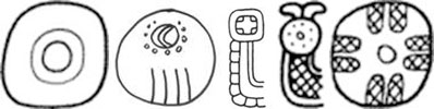 Fig. 23: Maya glyphs for precious stone, maize, blood and flower: 1) pet (â€œjewelâ€); 2) the day sign imix (fist day in the Tzolkâ€™in calendar), widely associated with maize; 3) water group prefix kâ€™uh (â€œgodly,â€ â€œdivine,â€ incorporates an analogy between blood and the soul); 4) water group prefix châ€™a (â€œdrop,â€ e.g. of blood); 5) nikteâ€™ (â€œflowerâ€).