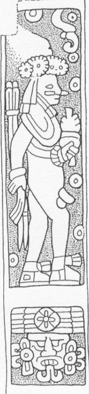 Fig. 26: A Maya warrior figure with floating concentric circles (flowers?) atop of the Flower Mountain. Detail of a carved pilaster from the Mercado at ChichÃ©n ItzÃ¡.