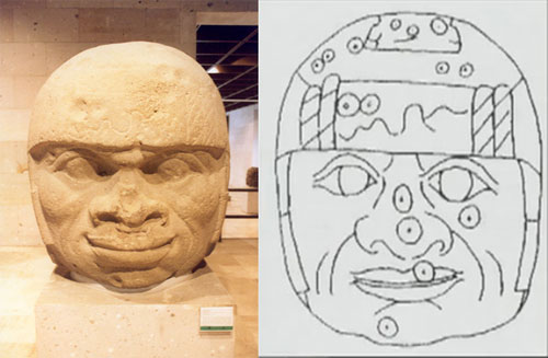 Fig. 3: Left: Dotted depressions on the headdress and the face: San Lorenzo Colossal Head 9. Olmec culture, before 900 BC. Source: www.latinamericanstudies.org (13.2.15). Right: Sketch of Colossal Head 9, highlighting the depressions.