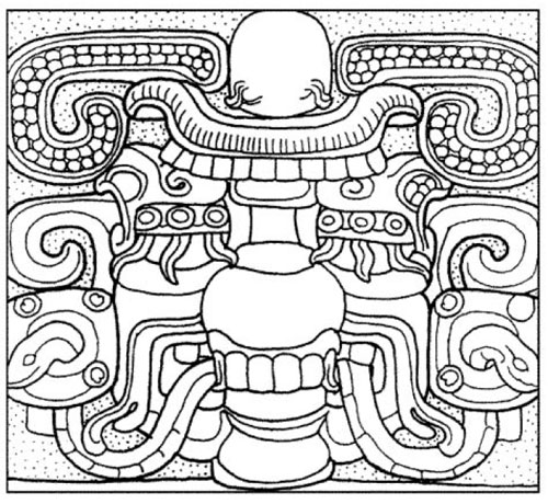 Fig. 4: Personified mountain with snake and maize motifs (above and below), as well as dotted and flame eye lashes. Detail of Tikal pyramid 33 facade (5D-33-2). Maya culture, early 6th century.