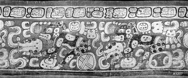 Fig. 8: The hero twins HunahpÃº and Xbalanque with jaguar spots on arms, back and legs (see Beukers 2013) pour honey (?) from a vessel. Scene from the Popol Vuh of the QuichÃ©-Maya on a polychrome vase