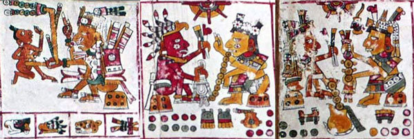 Fig. 24: Examples for â€œvaluable substancesâ€ from the ritual calendar of Codex Borgia. Left: A god tears out the umbilical cord of a man; the cord is â€œpreciousâ€ because decorated with strings of precious stones. Middle: A string of jade beads flows out of the womanâ€™s mouth, i.e. â€œvaluable wordsâ€. Right: A man and a woman sit on jaguar thrones and hold bloodletting tools. The man fills a pot with a string of beads, i.e. his blood (?).