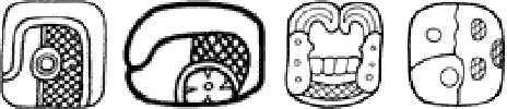 Fig. 7: Maya glyphs for â€œcaveâ€ and â€œholeâ€: 1) châ€™en (â€œcaveâ€ or the â€œimpinged eyeâ€); 2) châ€™en (â€œcaveâ€ or the â€œimpinged sun/lightâ€); 3) way (â€œhole,â€ but also â€œspiritâ€ and â€œco-essenceâ€ or â€œnagualâ€); 4) way (â€œholeâ€ etc.). The latter is a combination of the ajaw glyph (left, â€œsun god,â€ which represents half a face with an eye and mouth) and jaguar spots (right).