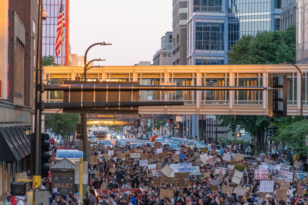 Protesters gather in downtown Minneapolis. Unrest in Minneapolis over the May 25th death of George Floyd.